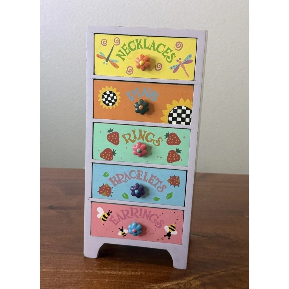 VTG Y2K Colorful Wooden Kids Jewelry storage with 5 Drawers. 5.5